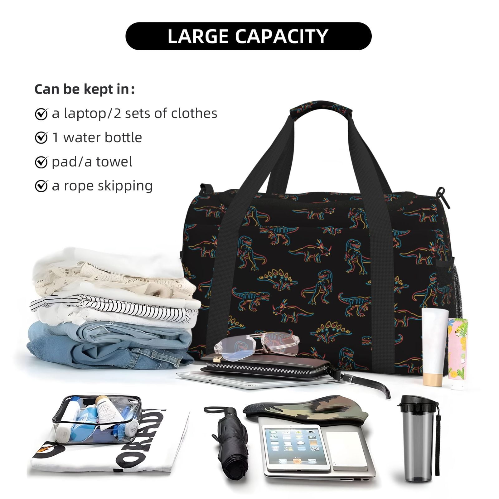 Kuqiui Neon Dinosaur Print Foldable Travel Duffel Bag Tote Carry on Luggage Bag Personal item Sports Gym Bag Water Resistant Weekender Overnight Bags for Women and Men