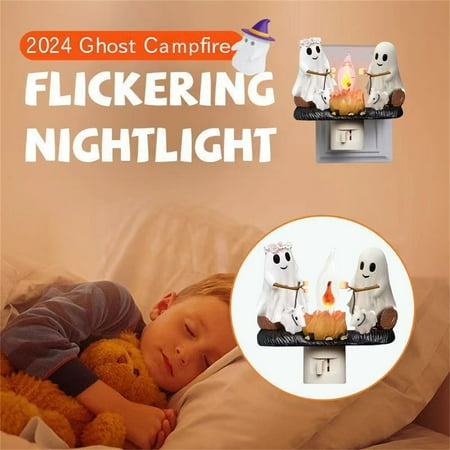 

YXB11 Halloween Night Light Ghost Flickering Nightlight LED Faux Fire Ghost Lamp Halloween Ghost Bedroom Night Light Indoor Decorations Gifts For Family Friends Kids A
