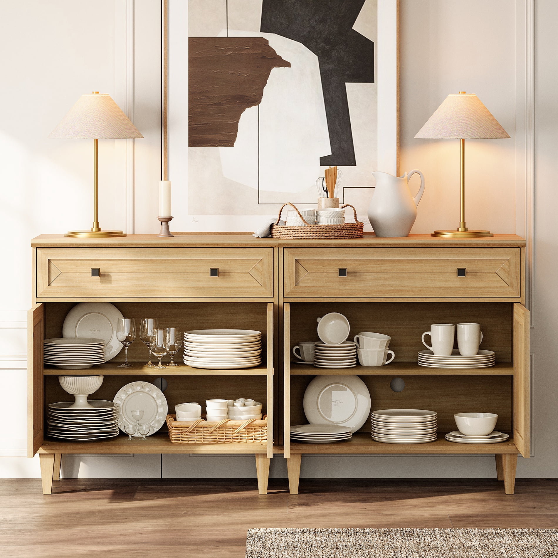 WAMPAT Handmade Patchwork Set of 2 Buffet Cabinets, Oak