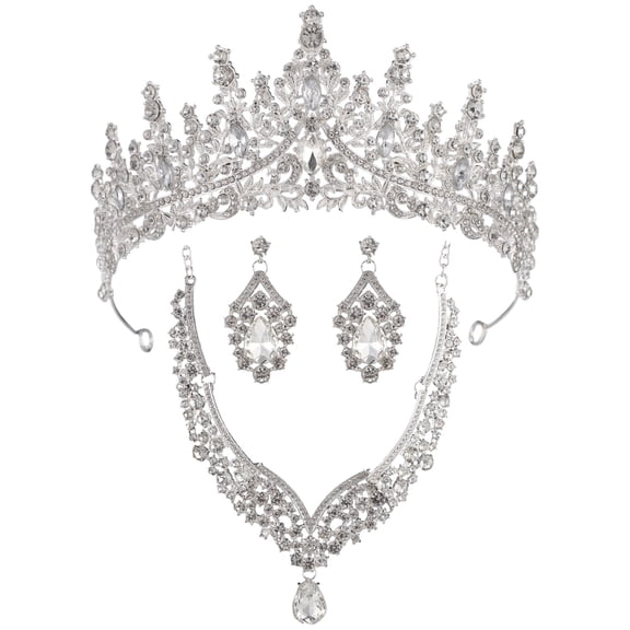 3PCS Silver Crystal Bridal Jewelry Set, Elegant Crown Tiara Earrings Necklace Set for Wedding, Party, Birthday & Prom