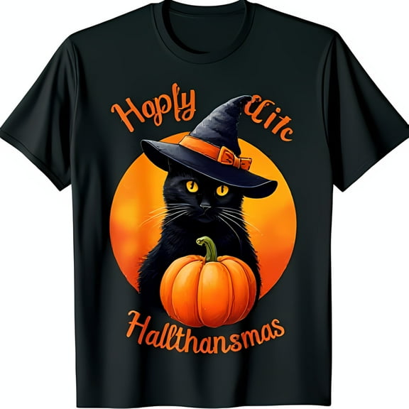 Spooky Black Cat Witch Hat Graphic T-Shirt for Halloween 'Happy Halftmas' Design
