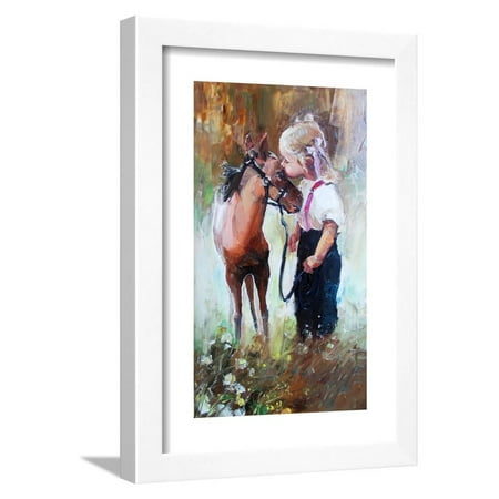 Oil Painting of Little Girl Petting Her Best Friend Pony at Countryside Outdoors Framed Print Wall Art By Maria