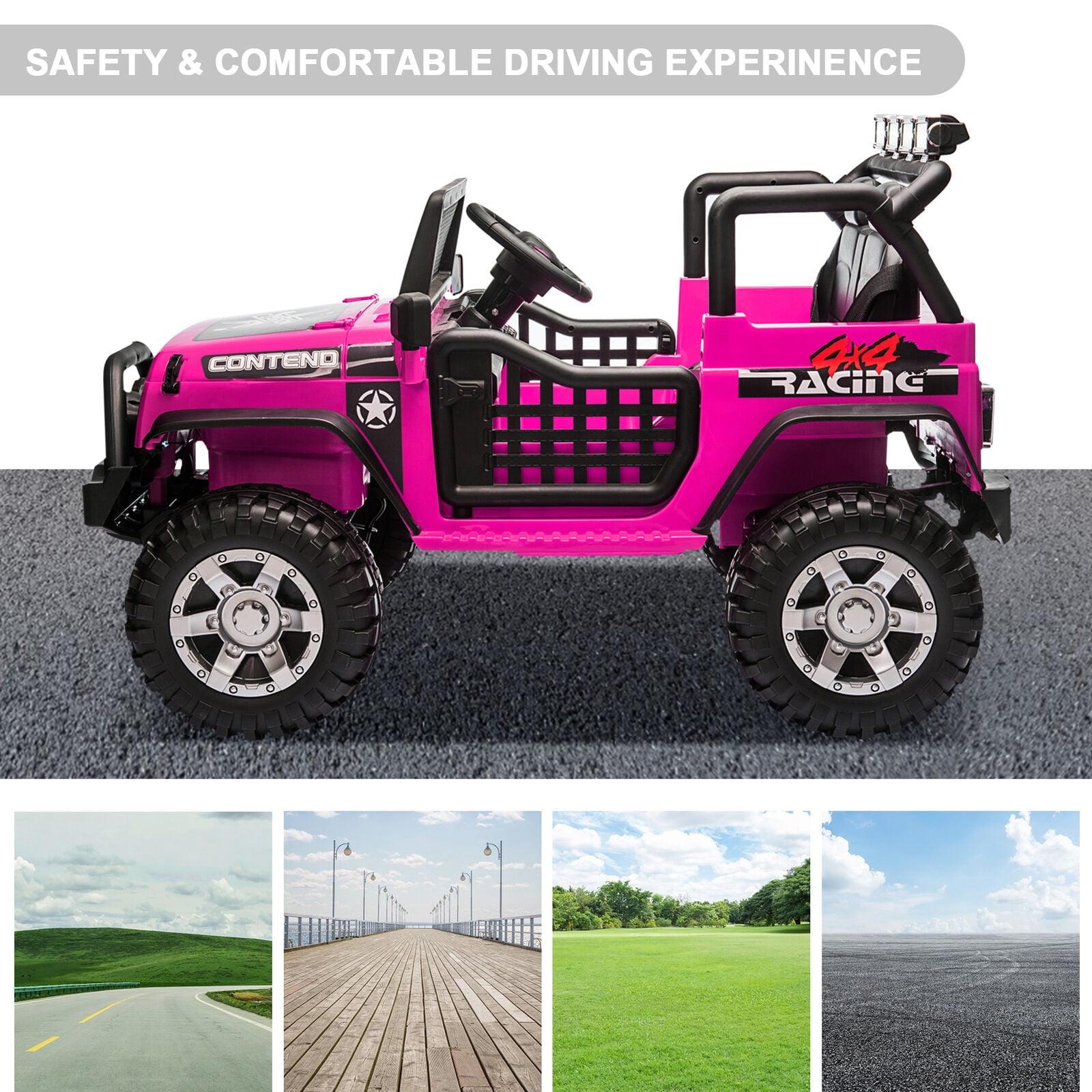 PWFE 12 Volt Kids Electric Car Kids Ride On Car with Remote Control,  2 Seats Kids Truck with LED Lights, Wheels Suspension, Music, Horn, 110lbs Load(Pink)
