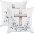 thumbnail image 1 of Easter Pillow Covers Set of 2, Rustic Wooden Cross Floral Design in Soft Blue, Spring Holiday Decorative Square Cushion Covers for Couch Sofa Bed, He is Risen Message 20x20 Inch, 1 of 1