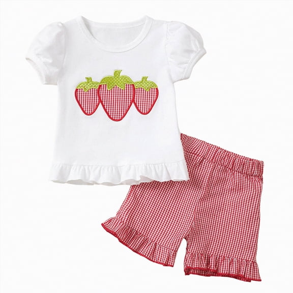 NOLDARES Toddler Baby Girl Summer Clothes Short Sleeve Strawberry Print Shirt and Plaid Waist Shorts Sets Summer Outfit 2Pcs(A1-White,18-24 Months)