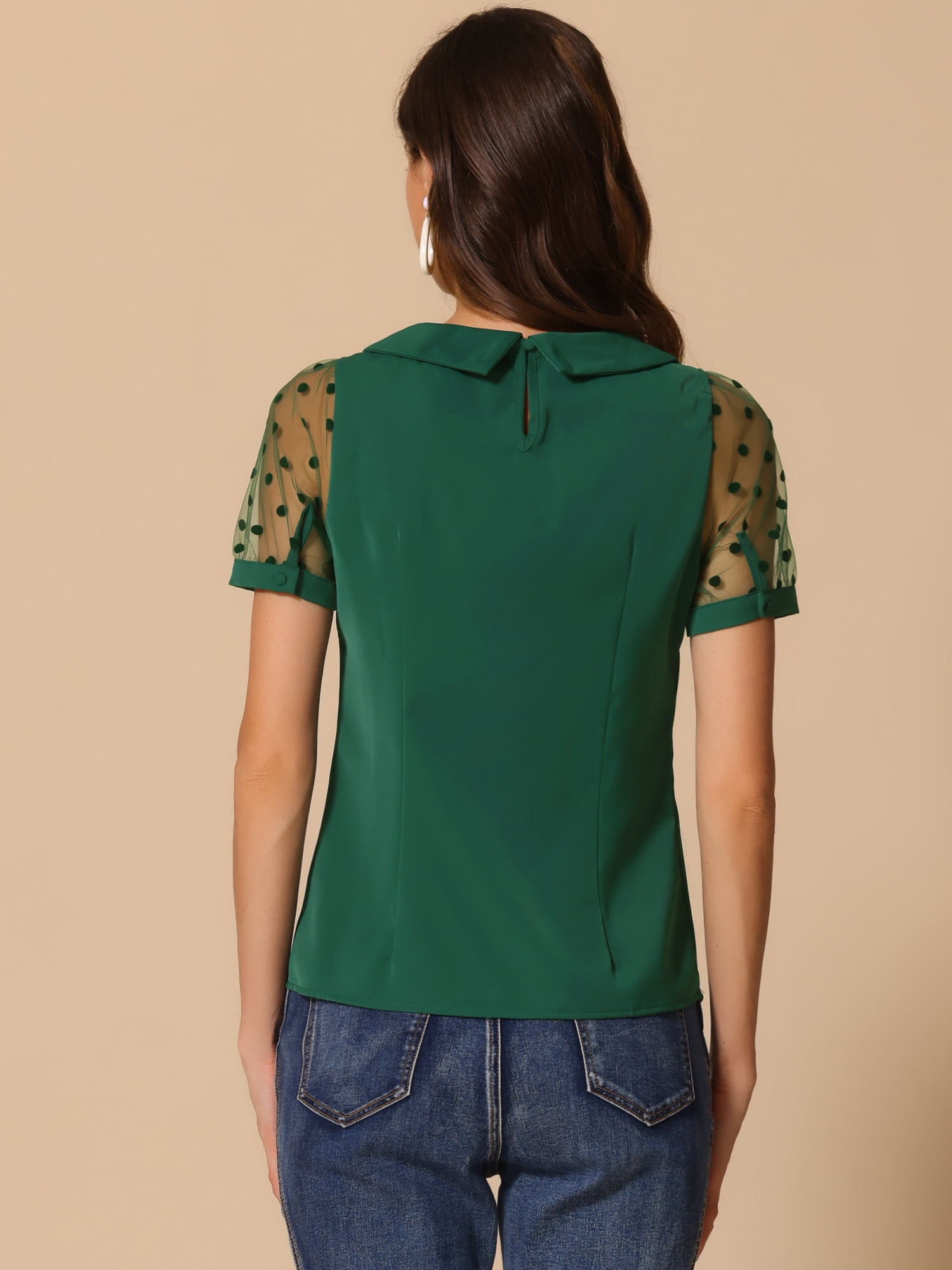 DARING DIVA Women's Polka Dots Mesh Peter Pan Collar Blouse XL Dark Green