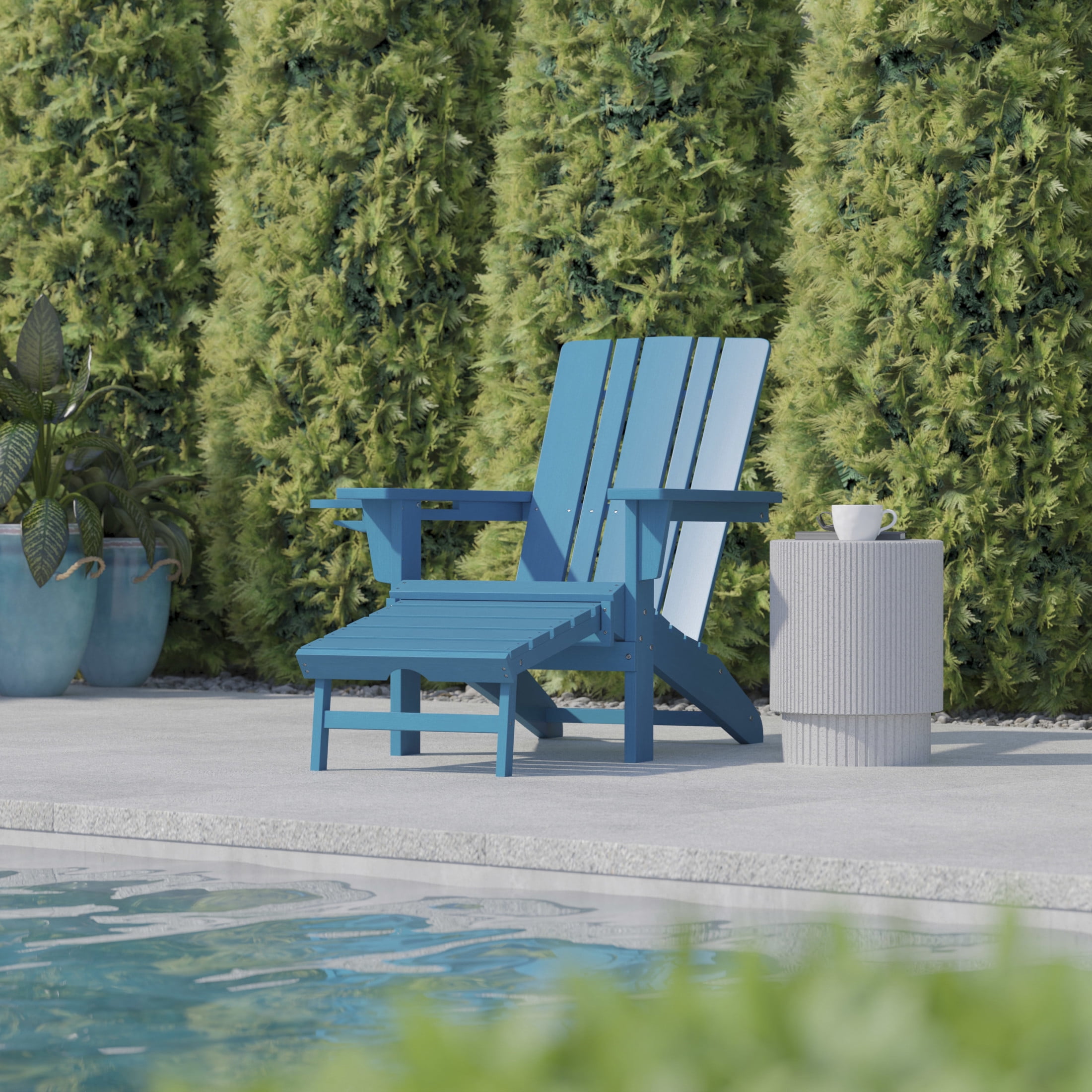 Flash Furniture Halifax HDPE Adirondack Chair with Cup Holder and Pull Out Ottoman, All-Weather HDPE Indoor/Outdoor Lounge Chair in Blue