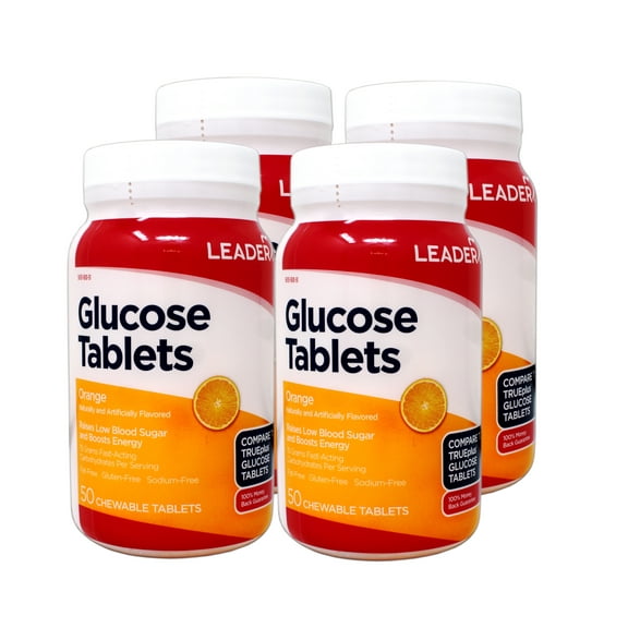 4 Pack - LEADER Glucose Tablets, Energy and Blood Sugar Support, Orange Flavor, 50 Chewable Tablets
