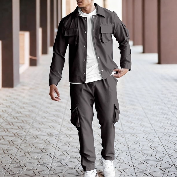 Ceisia Men's Regular Fit Cargo 2-Piece Set Long Sleeve Button-Down Jacket with Elastic Waist Drawstring Pants Gifts