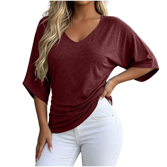 TEAJOPSUU Womens Summer 3/4 Sleeve Tops Casual Drop Shoulder V Neck Loose Shirts Daily Baggy Solid Polycotton Blouses Burgundy