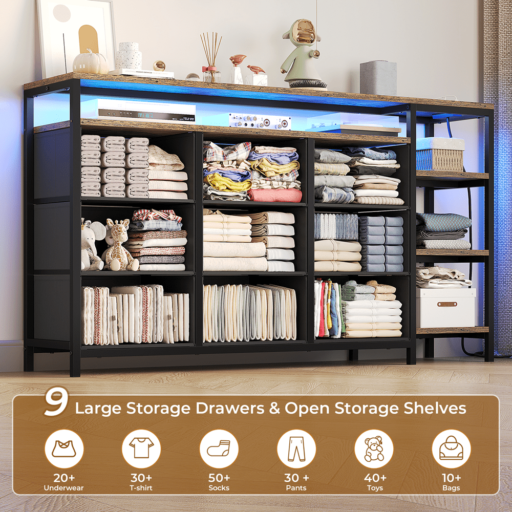9 Drawers Dressers for Bedroom with LED Lights & Powers Outlets, 53 Inch TV Stand, Entertainment Center with Drawers & Open Shelves for Living Room,Rustic Brown