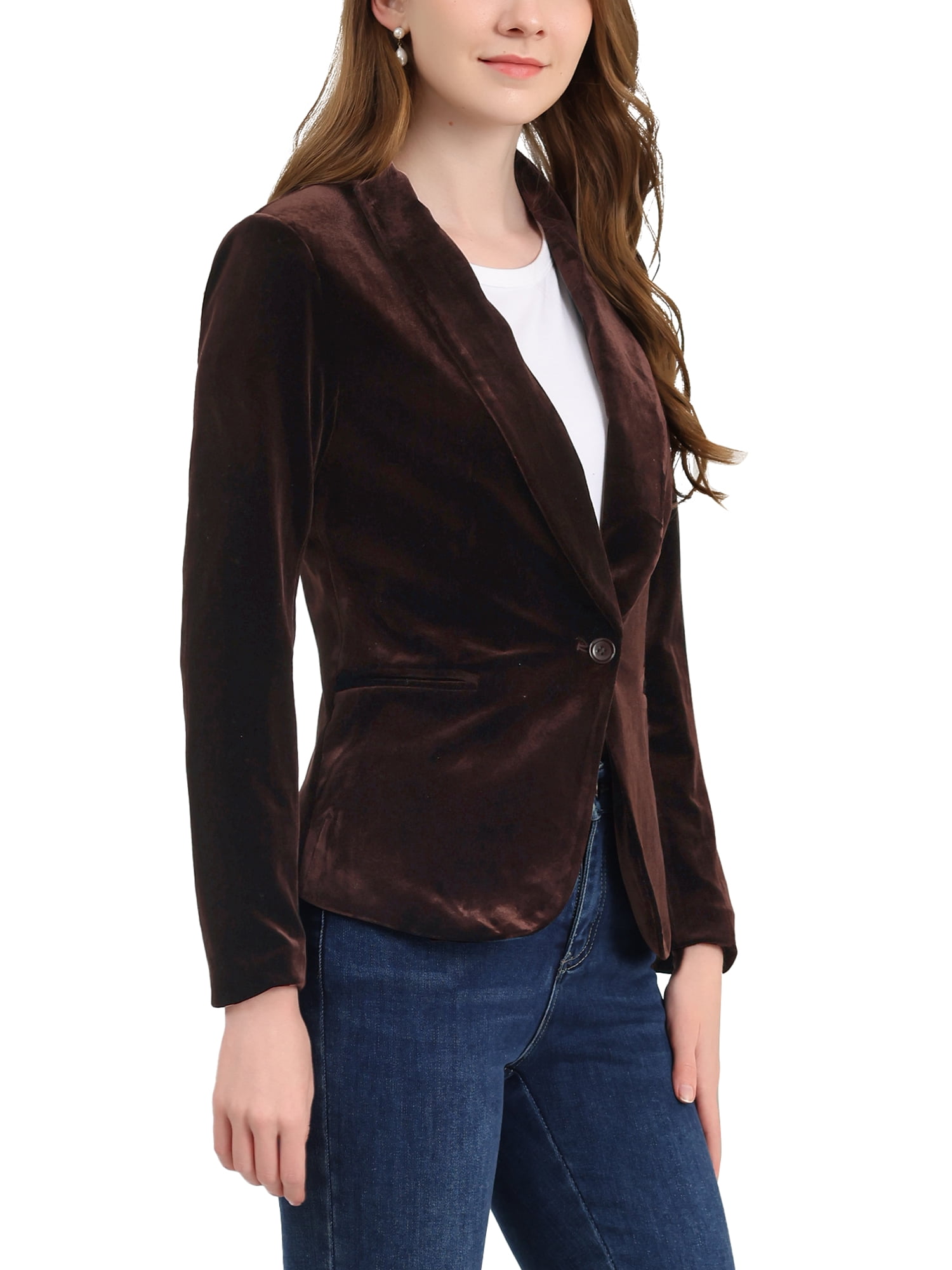 DARING DIVA Women's Velvet Office Coat Solid Shawl Collar Blazer M Deep Brown