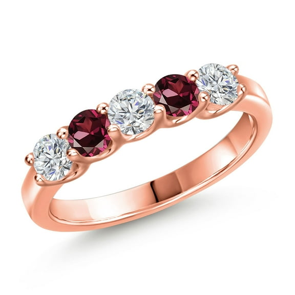 Gem Stone King 18K Rose Gold Plated Silver Lab Grown Diamond and Red Rhodolite Garnet Wedding-Bands Ring for Women | 0.95 Cttw | Round 3.5MM | Gemstone April Birthstone | Size 7