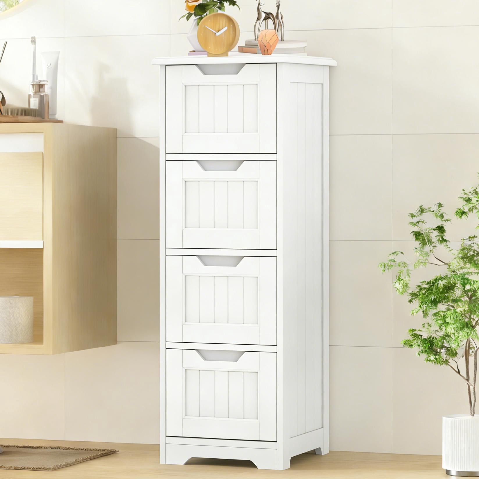 Storage Cabinet, Small Free Standing Narrow Cabinet with 4 Drawers for Living Room, Bedroom, Bathroom,White
