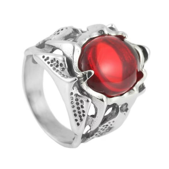 PAMTIER Men's Stainless Steel Vintage Domineering Punk Hollow Skull Skeleton Dragon 4 Claw Oval Bloody Red Gemstone Biker Ring Size 11