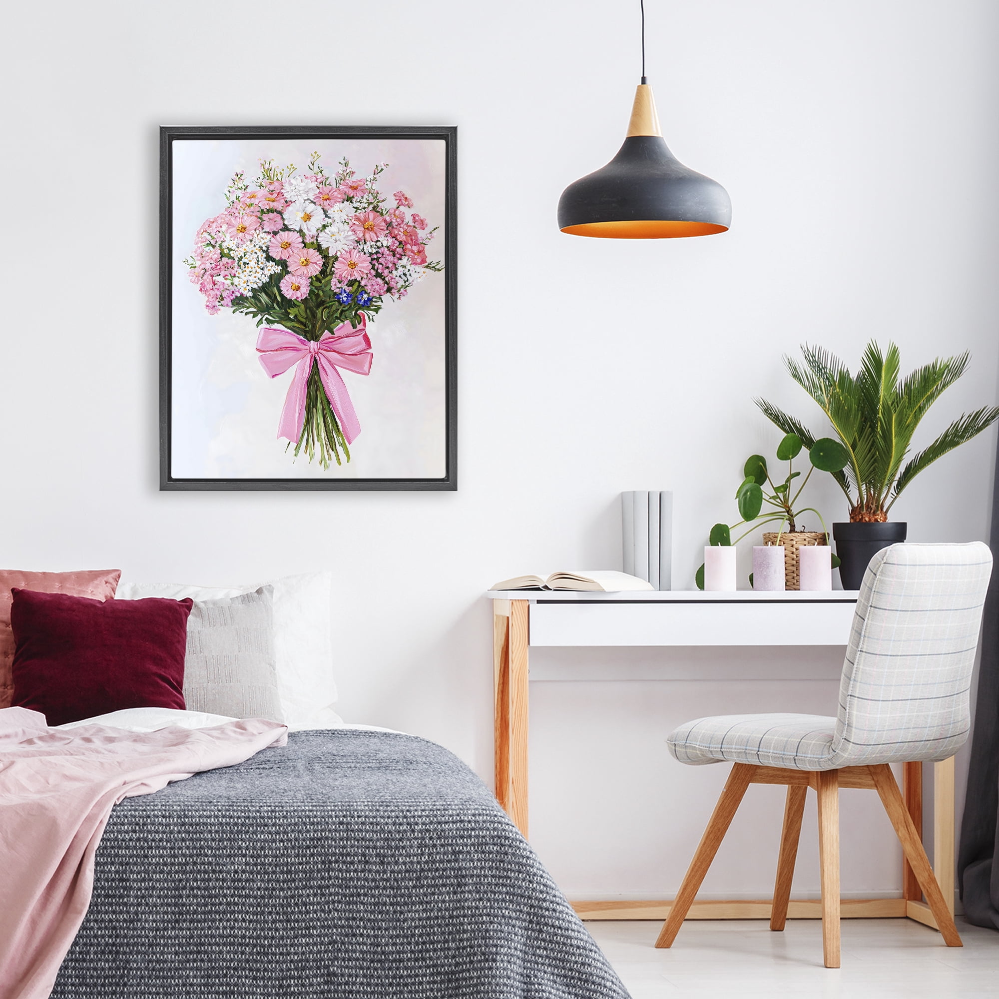 Stupell Industries Pink & White Tied Flower Bouquet Black Framed Floater Canvas Wall Art, design by The Prints Vibe