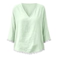 thumbnail image 4 of Ayolanni Solid Shirts for Women Cotton V-Neck 3/4 Sleeve Blouse Fringe Casual Oversized Shirts Tops for Women 2026 Green M, 4 of 8