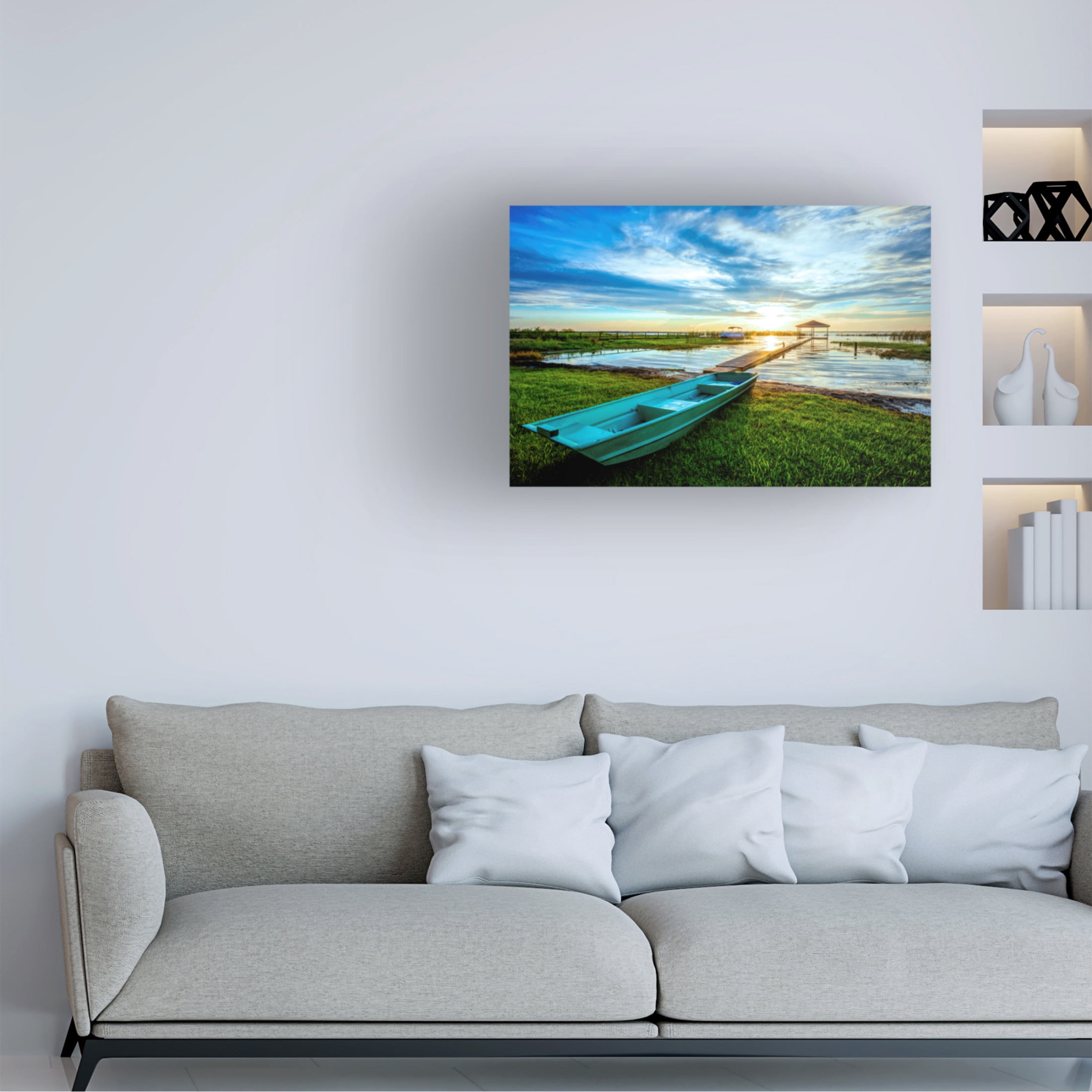 Canvas Wall Art - Celebrate Life Gallery 'Rowboat at the Waters Edge' Wall Art for Living Room, Bedroom, or Office Décor by Trademark Fine Art - 47 x 30 Inches