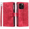 thumbnail image 6 of Dteck Zipper Wallet Case for iPhone 13 Pro,Magnetic Durable PU Leather Flower Embossed Case Zipper Card Holder Wallet Kickstand Cover with Detachable Shoulder Strap/Wrist Strap,Red, 6 of 7