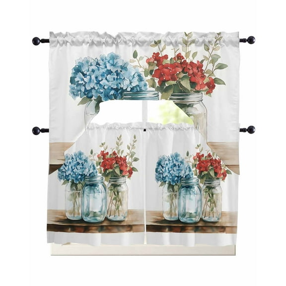 Spring Flowers Kitchen Curtains Sets 36 Inch Length with Valance, Red Blue Bottle Floral Watecolor Eucalyptus Swag Valances and Tiers Curtain Set Drapes Swag Curtains for Living Room, Bathroom