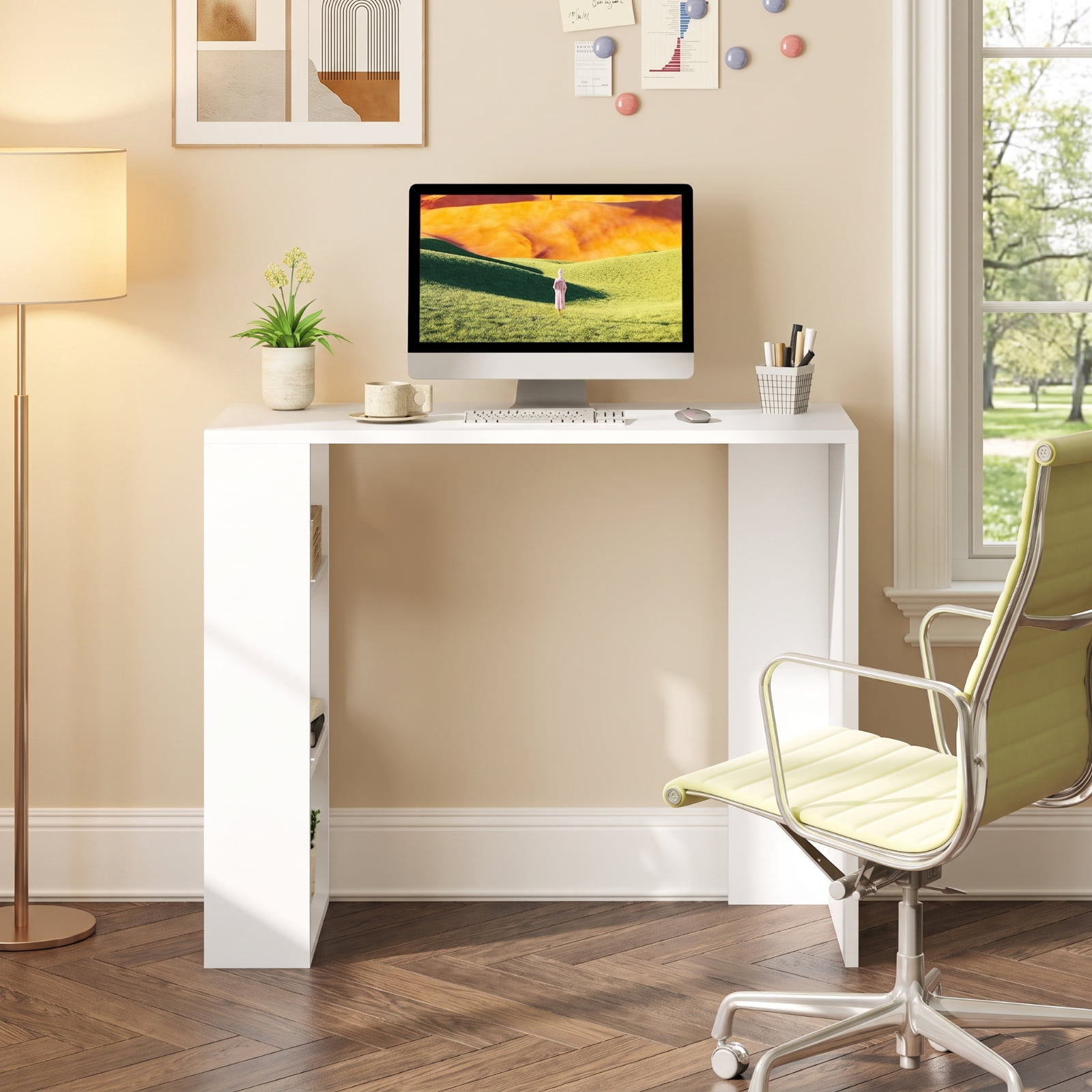 Furnibear 36 Inch Computer Desk with 3 Open Storage Shelves for Home Office Study and Small Spaces Compact Writing Work Desk, White