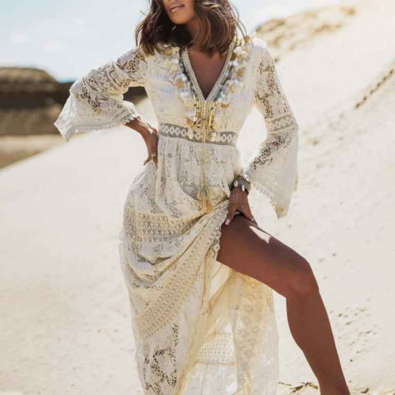 V Neck Dress Long Sleeve for Women Women's Fashion Lace Three Quarter Sleeve  Evening Dress Party Dress Swallowtail V Neck Sweater Dress with Pockets  Belted Maxi Dress - Walmart.com