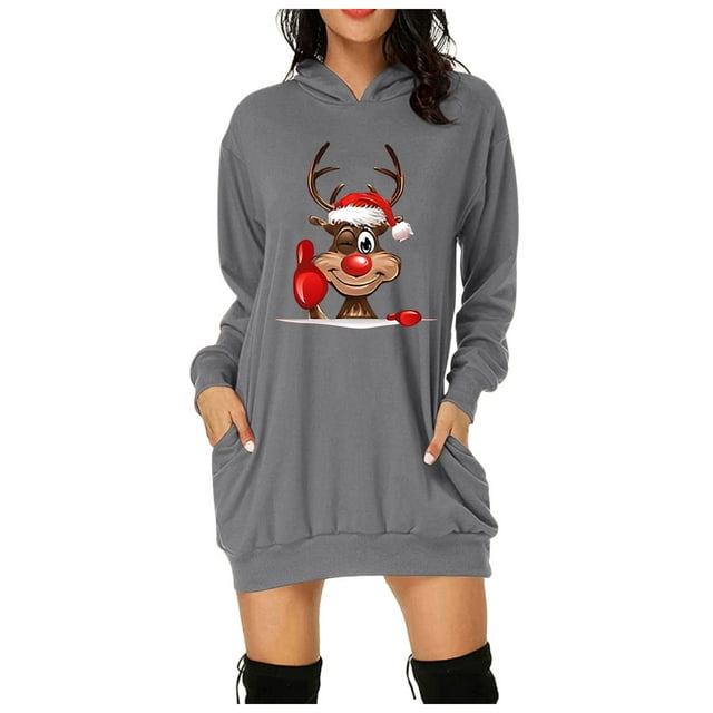 TJAZFJPA Robe en Velours Rouge Femme Confortable Vintage Joyeux Noël Robe Imprimée Manches Longues Sweat à Capuche Robes Midi Manches Longues avec Poches Robe de Soirée Femme Robes Fluides pour Femmes