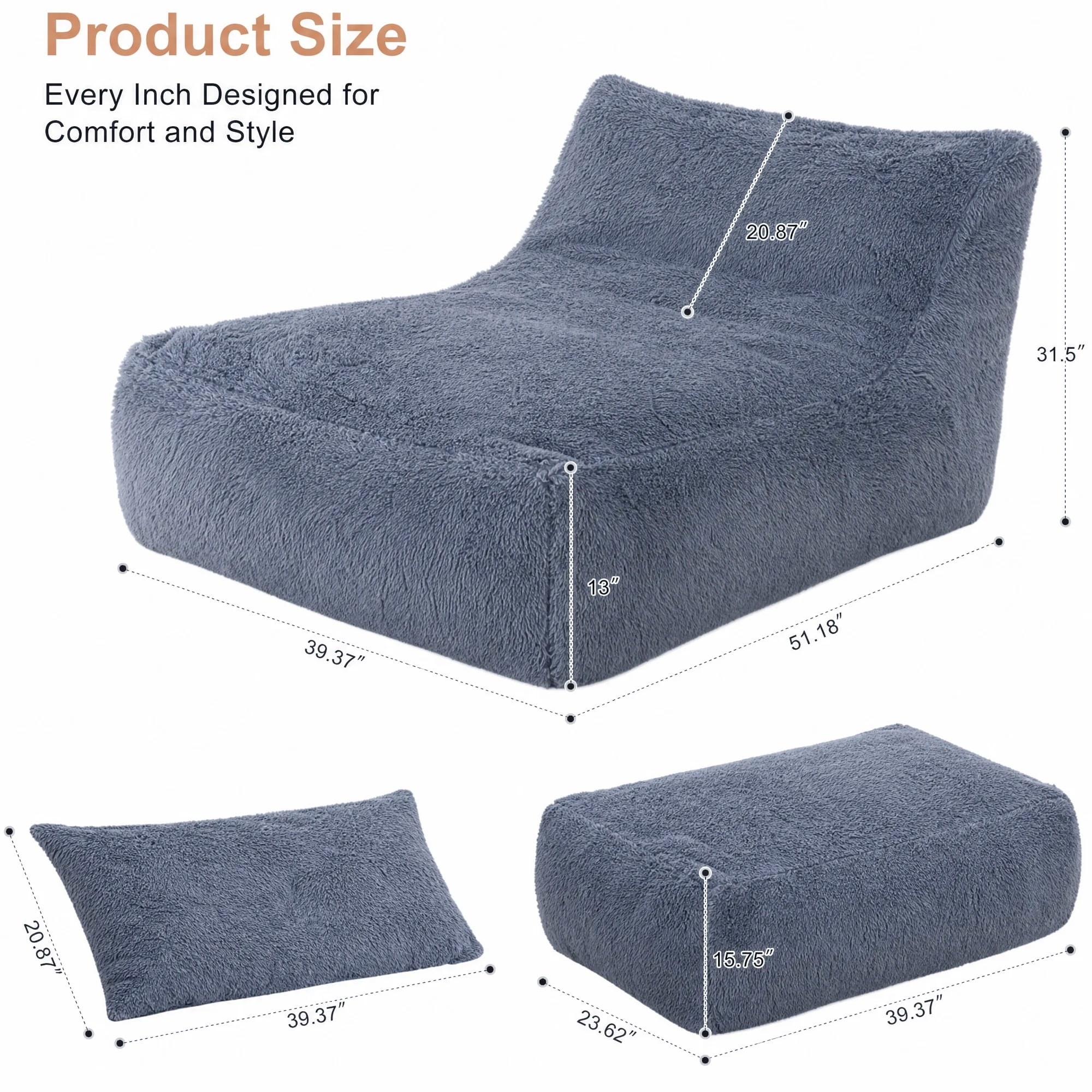 Alvantor Convertible Plush Sofa Bed with Ottoman and Pillow, Oversized Shaggy Faux Fur Floor Sofa, Foam Filled Armless Sleeper for Living Room, Bedroom, Dorm