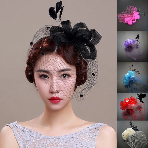 D-GROEE 2PCS Women Retro Wedding Bow Feather Veil Fascinator Mesh Lace Headband Tea Party Fascinator