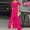 (Fashion 108)Hot Pink, variant on Fashion Womens V Neck Ruffle Short Sleeve Asymmetrical Ruffled Hem Off-The-Shoulder Solid Color Maxi Dress