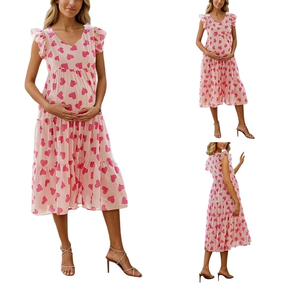 Gyujnb V Neck Ruffle Flutter Sleeve Heart Print Maternity Midi Dress Lightweight Breathable Chiffon Tiered Ruffle Hem Empire Waist Loose Gown,S