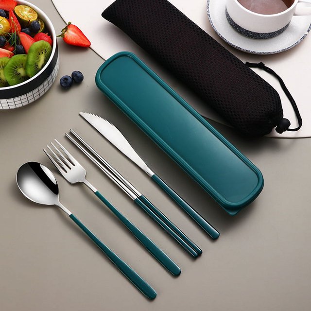 Juego de vajilla 304, juego de cubiertos portátil, juego de vajilla, cuchillo de acero inoxidable de alta calidad, tenedor, cuchara, cubiertos de viaje con caja, verde Sailing Electrónica