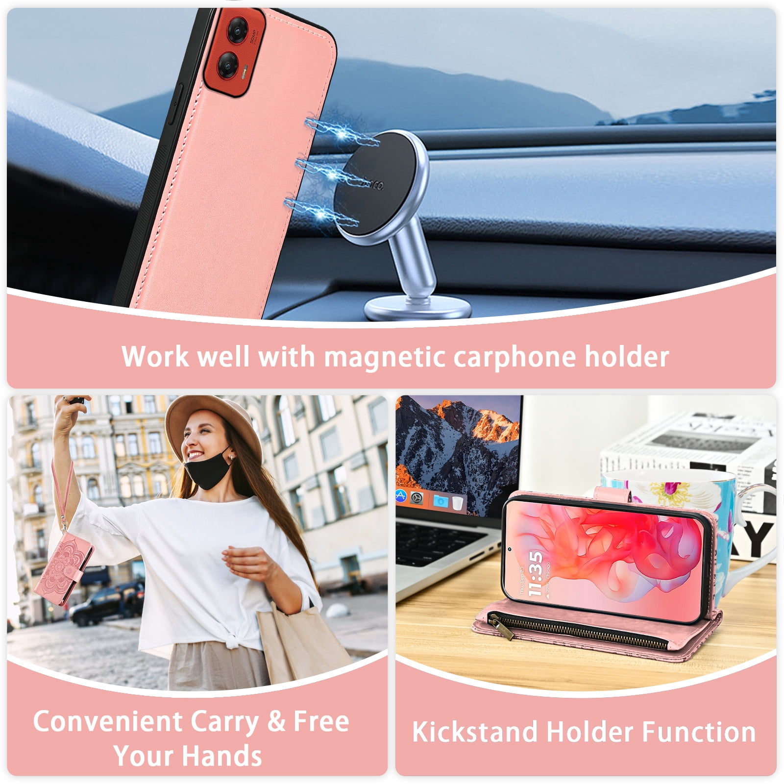 Asuwish Phone Case for Motorola Moto G Stylus 5G 2024 Zipper Wallet Magnetic Detachable Cell Cover with Tempered Glass Screen Protector Crossbody Strap Flower Card Holder Slot G5 Women Girls Pink
