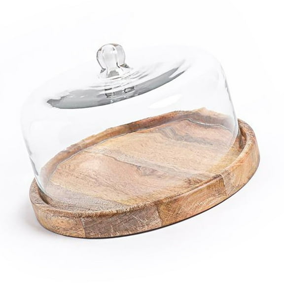 Aarvum Mirelle Cake Stand with Glass Cloche and Natural Wood Base, Decorative Serving Pedestal for Cakes, Cheeses & Centerpieces
