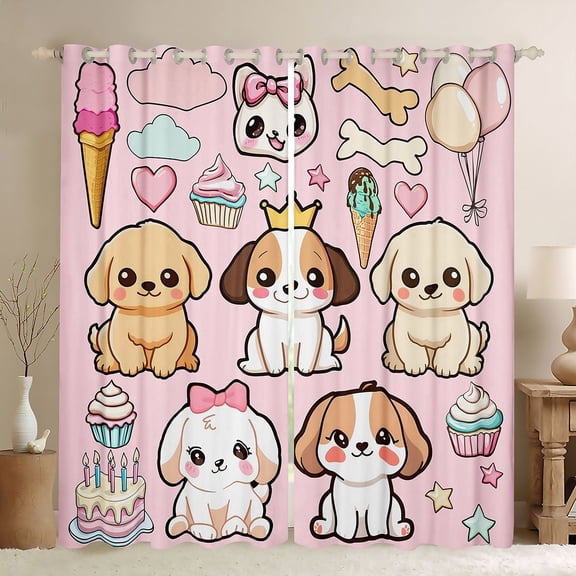 Castle Fairy Boys Girls Kawaii Dogs Black Out Curtains,Cartoon Animal Pets Curtains Pack of 2 (42x63 Each),Happy Birthday Dessert Bedroom Curtains,Microfiber Bedroom Decor