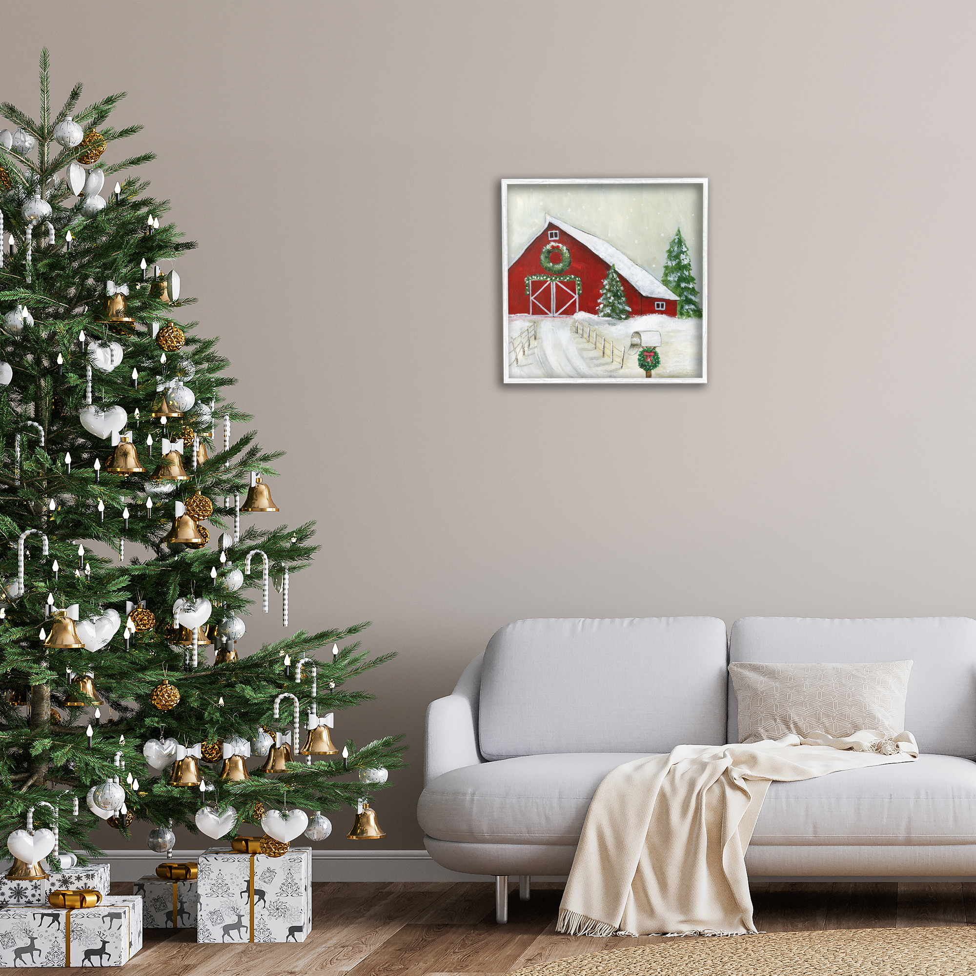 Stupell Industries Winter Barn Scenery Holiday Painting White Framed Art Prints Wall Art, 24 x 24