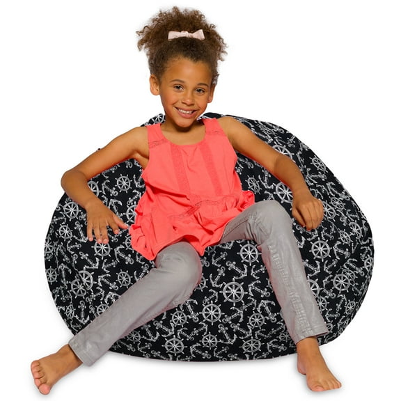Posh Creations Bean Bag Chair, Kids, 3 ft, Canvas Nautical Anchors on Black