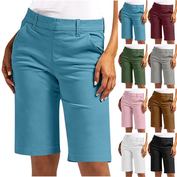 Paiwinds Women's Solid Color Elastic Twill 5-Inch Shorts with Pockets, High Rise, Straight Leg Regular Fit Hiking Shorts, Casual Summer Shorts, Multiple Colors.