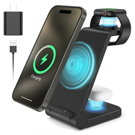 Fast Wireless Charger Station 23W Wireless Charging Stand for iPhone 16/15/14/13/13 Pro/ 12/12 Pro/11/XS Max/XR/X/Galaxy S23 S22 S21 S10 Charging Station for AirPods 4/3/2/Pro iWatch Series