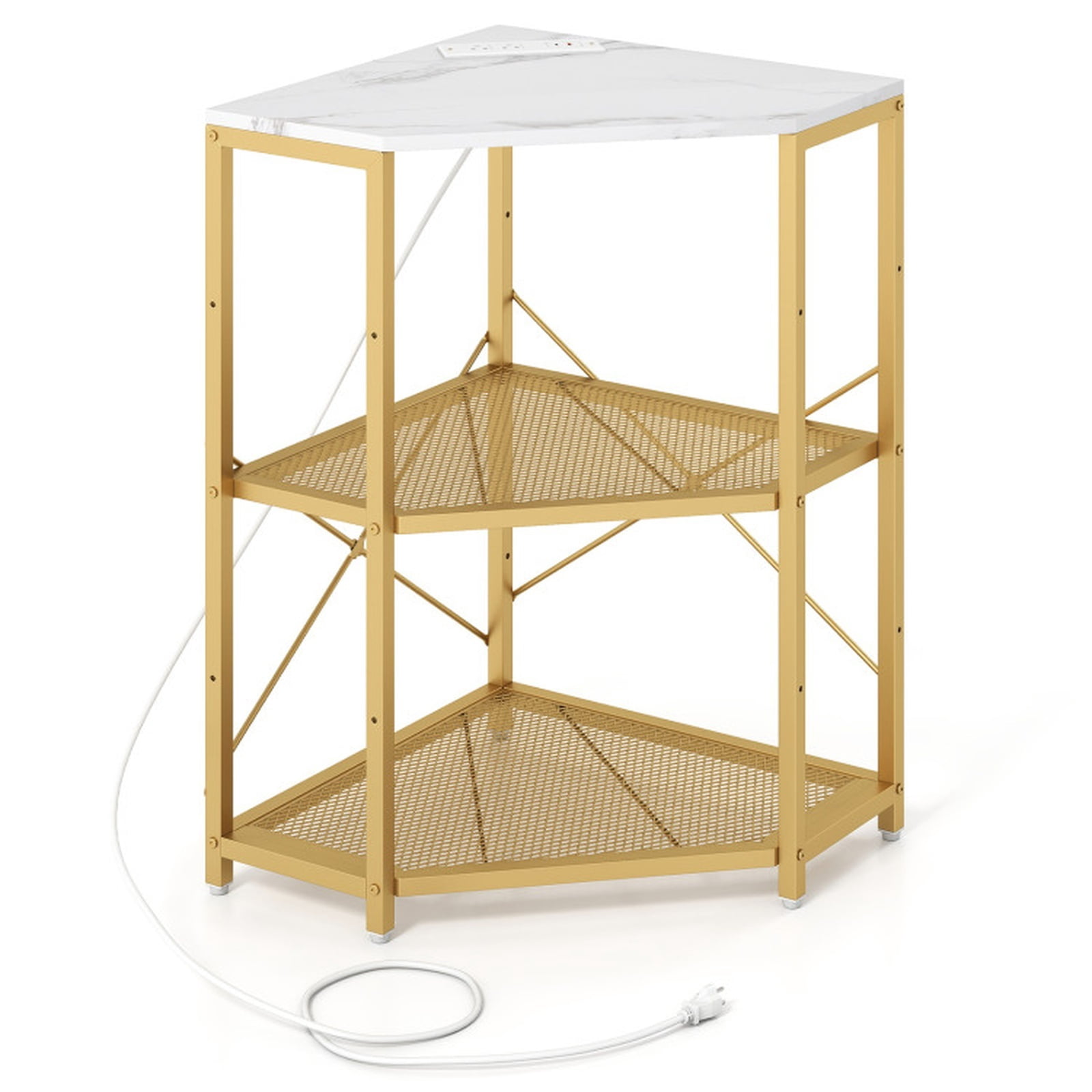 Furnibear Corner Printer Stand with Power Outlet 3-Tier Storage Rack with Adjustable Shelf for Home Office Printer Machine Under Desk Storage, White