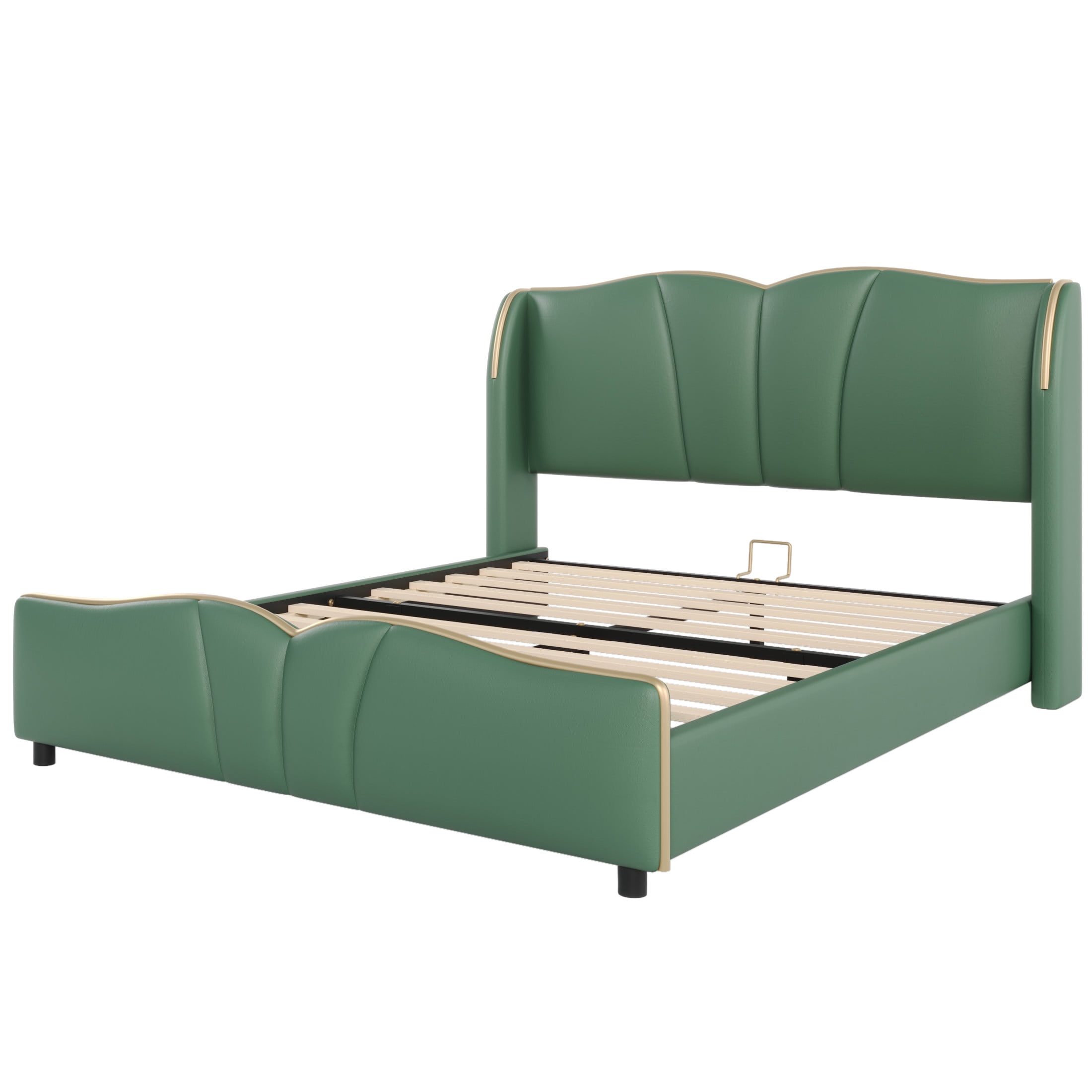 Christopher Knight Home Luxury PU Upholstered Queen Bed Frame with Wingback Headboard, Dark Green