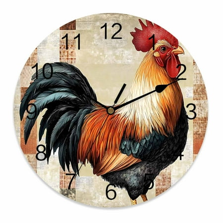 Silent Wall Clocks Battery Operated, Vintage Farmhouse Round Decorative Wall Clock for Living Room Bedroom Kitchen Bathroom Classroom Decor, 10 Inch Watercolor Rooster Pattern Red Brown