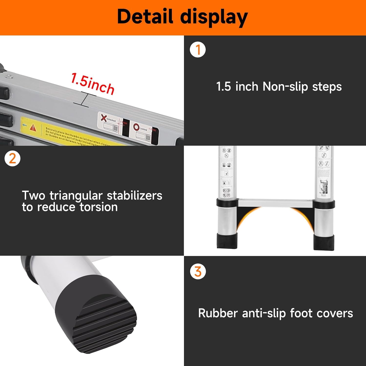 BOWEITI 12.5 FT Telescoping Aluminum Extension Ladder with 2 Triangle Stabilizers, Heavy Duty 330lbs Max Capacity, Multi-Purpose Collapsible Ladder for RV or Outdoor Work