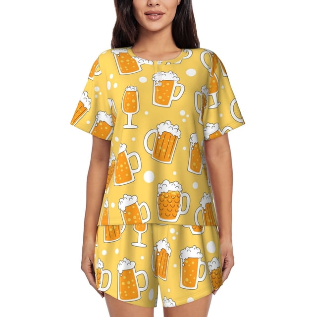 Fotbe Beer Conjunto de Pijama Estampado para Mujer, 2 Piezas, Ropa de Dormir con Camiseta de Manga Corta y Shorts Suaves-XX-Large