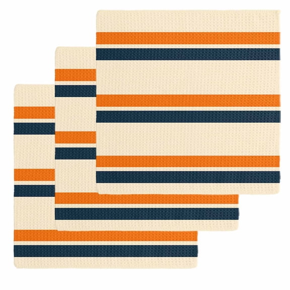Orange Blue Stripe Kitchen Dish Towels for Drying Dishes Set of 3, Minimalist Farmhouse Stripes Waffle Weave Microfiber Hand Tea Bathroom Towels Quick Dry & Absorbent Towel 12x12