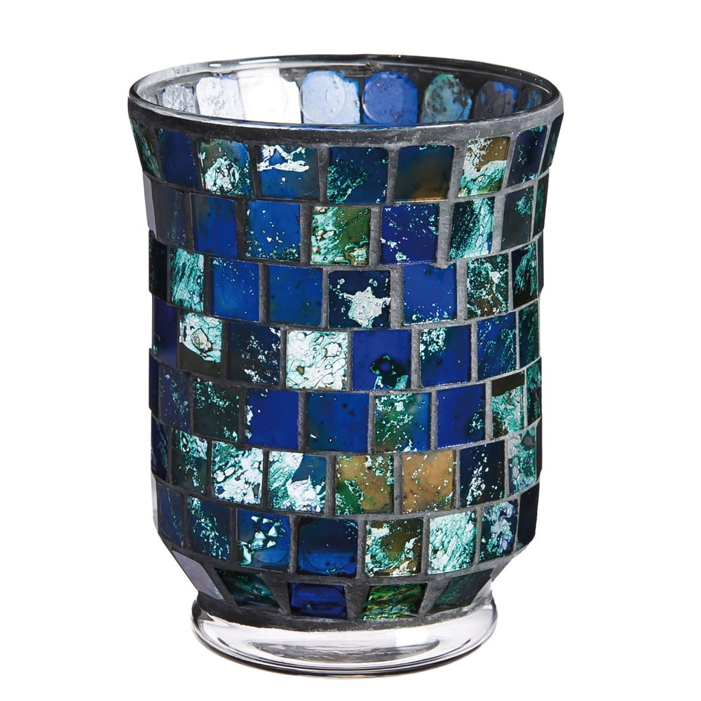 Indigo Blue Mosaic Glass Candle Holder