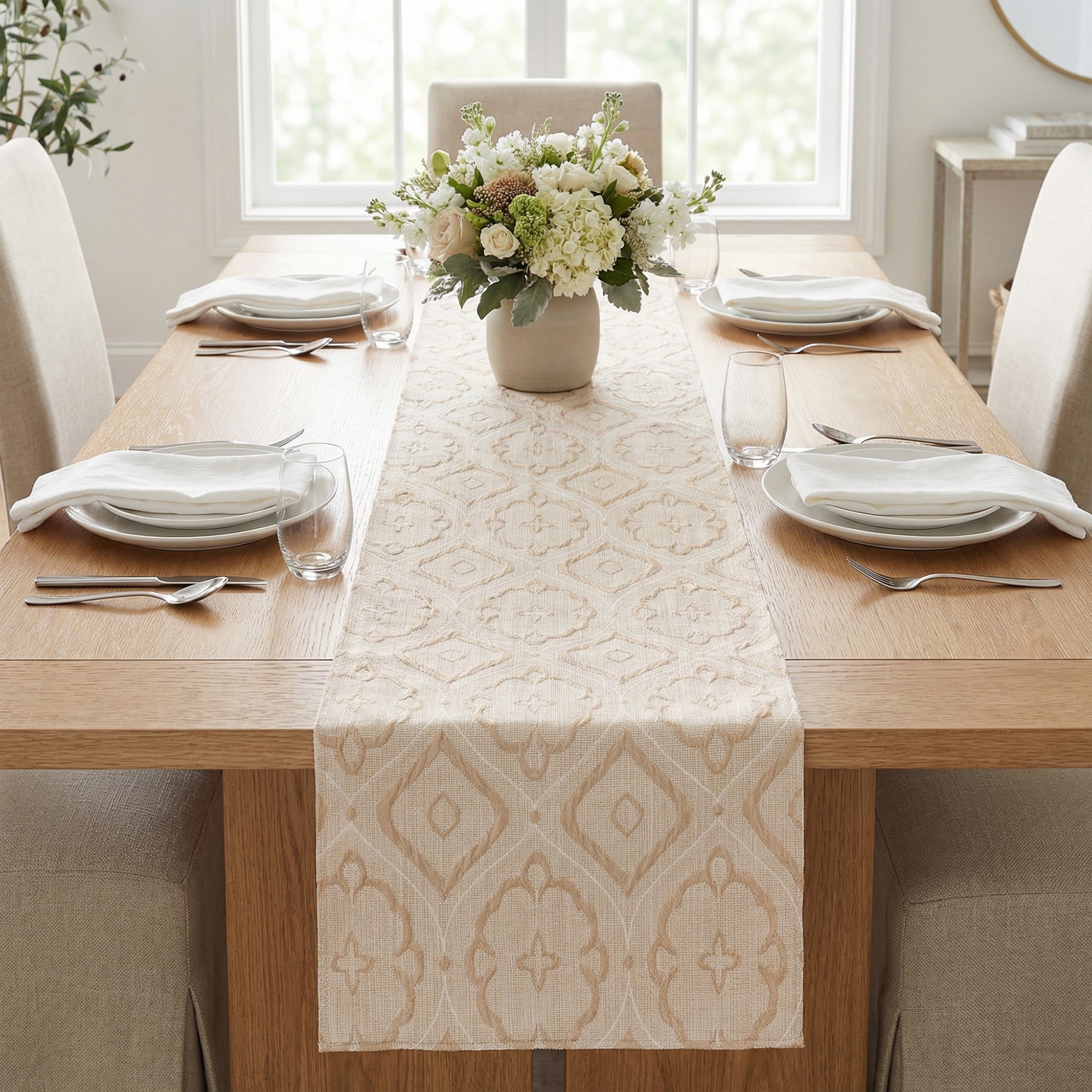Unique Bargains Long Washable Polyester Runner Table Runner for Table Beige 13.8"x94.5"