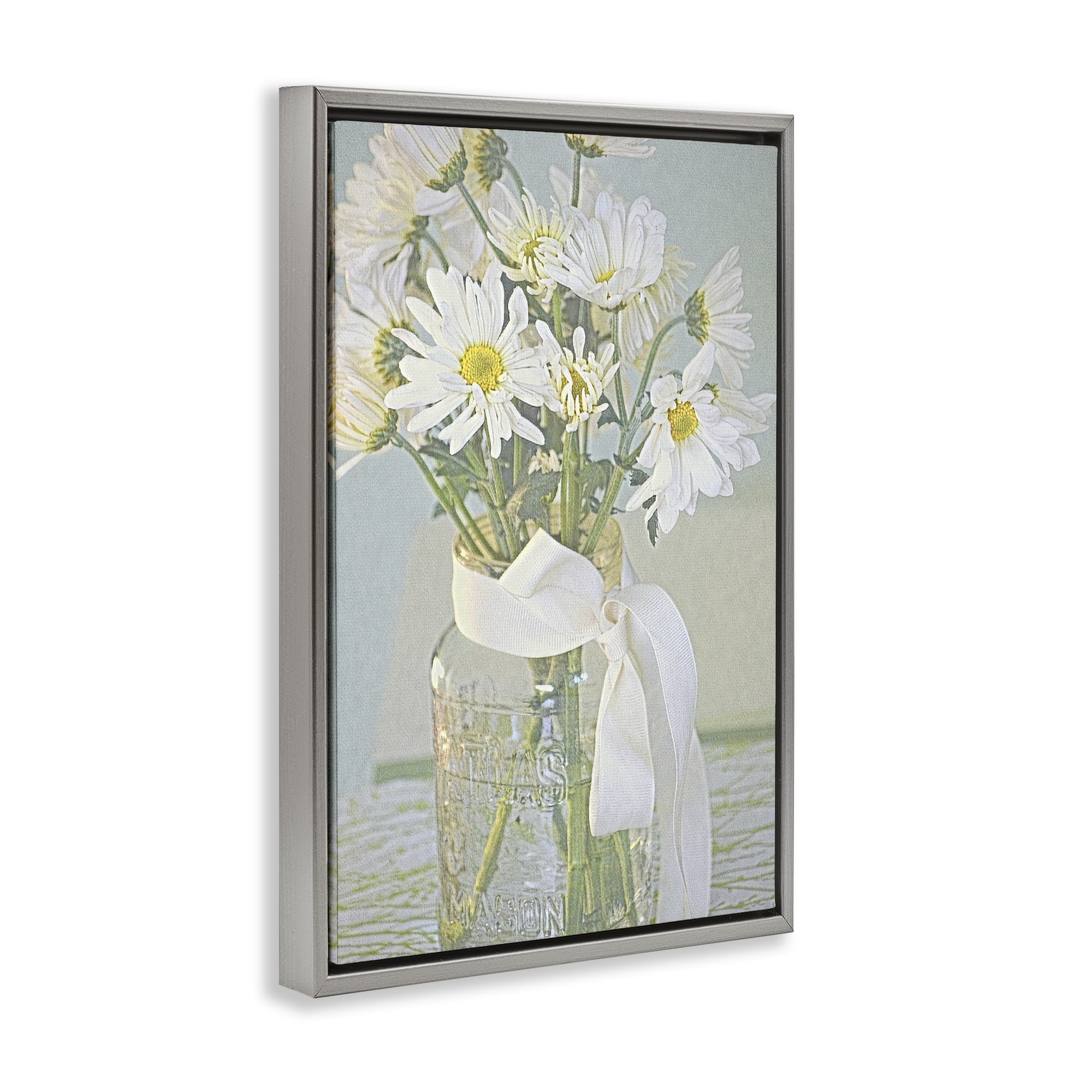 Stupell Industries Faded Daisies Jar Botanical & Floral Painting Gray Floater Framed Art Print Wall Art, 17 x 25