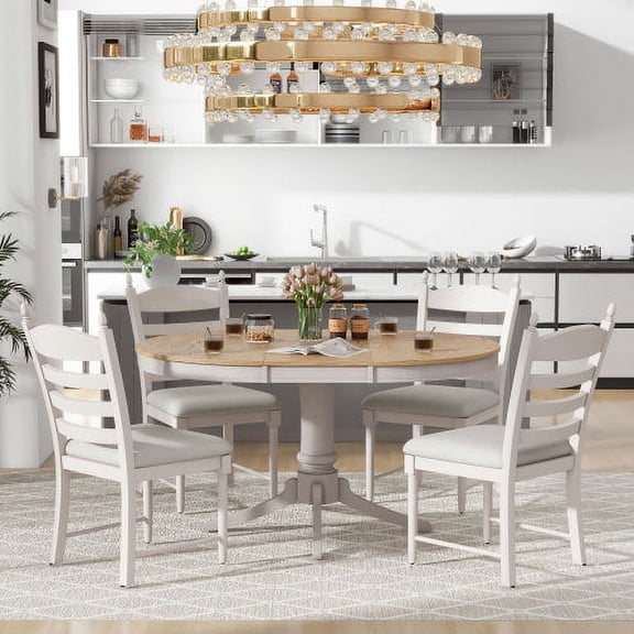 5-Piece Retro Extendable Round Dining Table Set with 4 Upholstered Chairs, Solid Wood Pedestal Base for Dining Room, Off White