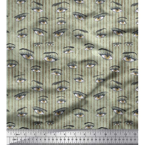 Soimoi Green Silk Fabric Stripe & Eyes Face Fabric Prints By Yard 42 Inch Wide